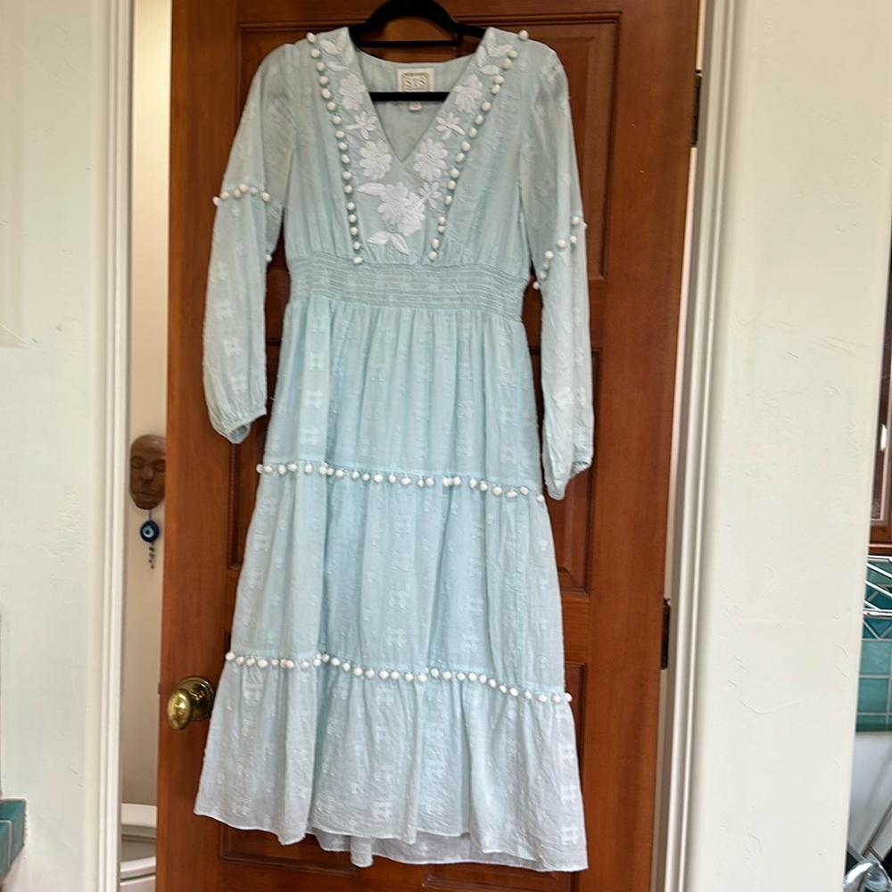Sail to Sable,  size small, blue dress with pom-poms